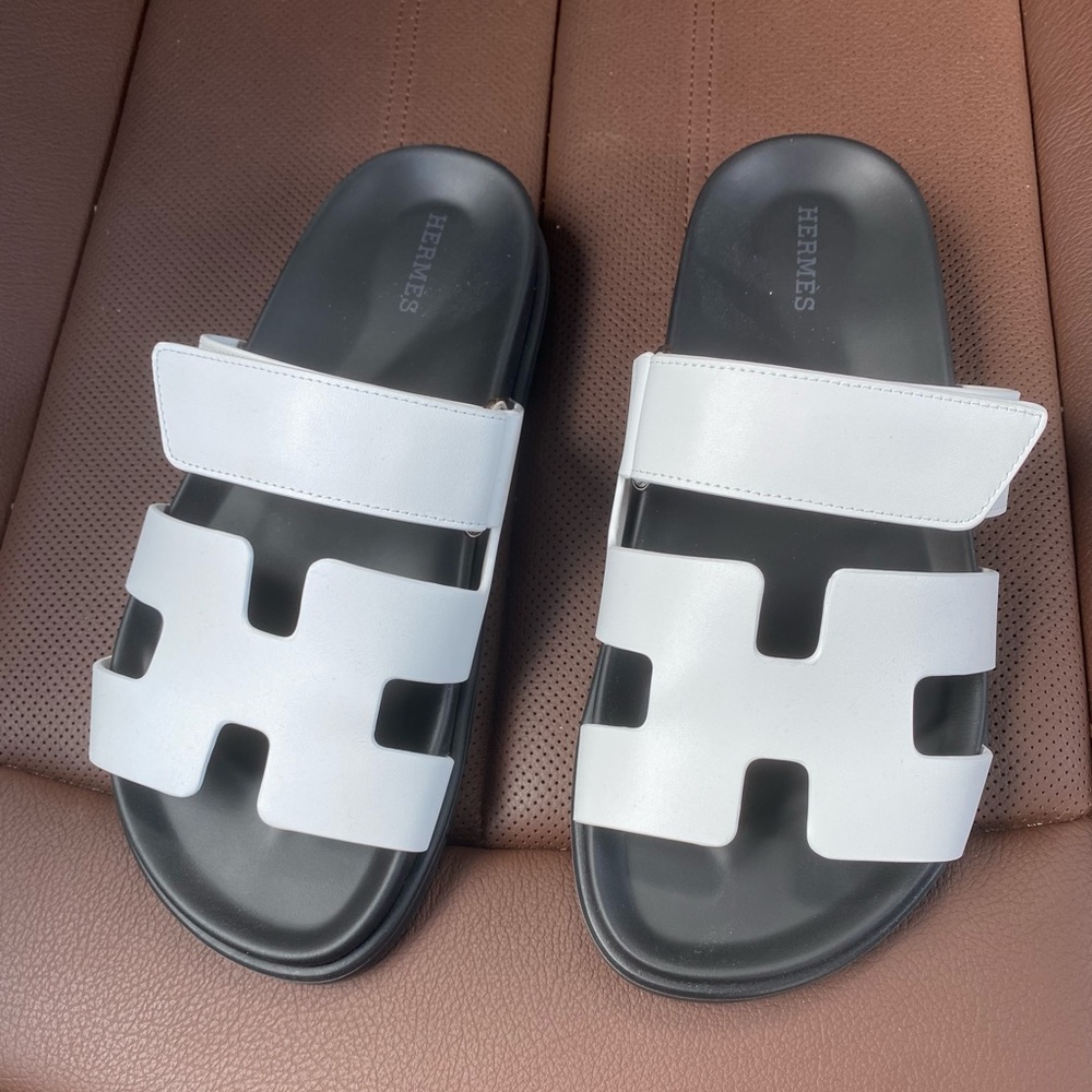 EEUC Hermes Chypre sandals 37.5 white calfskin leather